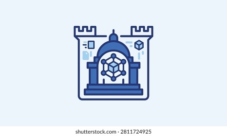 A stylized blue vector icon depicting a castle-like structure with a central data cube, symbolizing secure digital architecture and information safety.