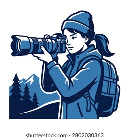 A stylized blue vector illustration of a young woman photographer wearing a beanie and backpack holding a professional camera with a telephoto lens in the mountains