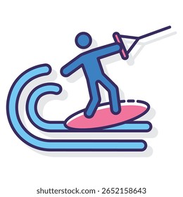 Stylized Blue Wakeboarder on Pink Board with Tow Rope and Waves 