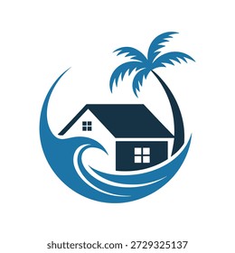 A stylized blue wave crashes against a house with a palm tree standing tall behind it, all in a circular composition on a white background.