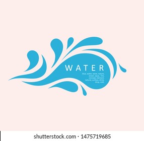 Stylized blue waves and drops on a light background. Water Wave Logo abstract design. Cosmetics Surf Sport Logotype concept.