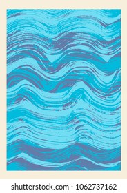 Stylized Blue Waves, Hand Drawn Abstract Background with Painting Textures. Vector Illustration