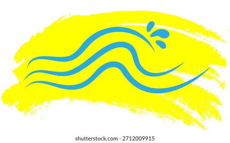  Ondas azules estilizadas con salpicaduras sobre un fondo de trazo de pincel amarillo. Emblema de vacaciones de verano que combina un dibujo de agua y pintura brillante.