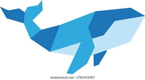 A stylized blue whale made of geometric shapes in various shades of blue, on a white background, resembling origami.
