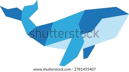 A stylized blue whale made of geometric shapes in various shades of blue, on a white background, resembling origami.