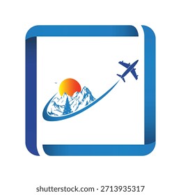 Gráfico estilizado en azul y blanco con un paisaje de montaña, una puesta de sol vibrante y un avión comercial volador dentro de un marco de cinta dinámica.