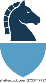 Ícone estilizado azul e branco com a cabeça de um cavaleiro sobre um escudo, simbolizando proteção e defesa, com linhas fortes e formas em negrito.