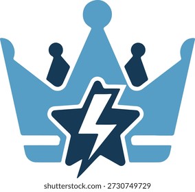 A stylized blue and white icon featuring a crown with a star and lightning bolt, symbolizing power and energy, with dynamic lines and bold shapes.