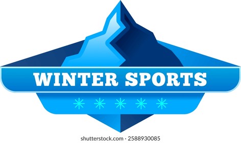 Stylized blue and white logo represents winter sports with snowy mountain peak rising above a horizontal banner with text and decorative snowflakes