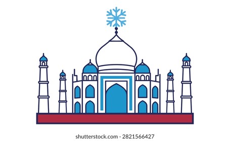 Stylized blue and white outline illustration of the Taj Mahal monument with a large snowflake symbol on its main dome.