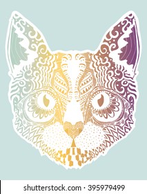 Stylized blue, yellow, purple gradient cat portrait on gray background.