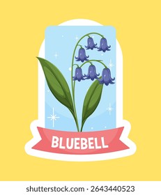 Stylized bluebell flower with vibrant colors and clean lines. Features a pastel yellow background and decorative banner