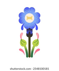 Stylized bluebells flower with blooming buds. Abstract geometric shape wildflower with blue petals. Blossom plant, leaves. Modern floral decor. Flat isolated vector illustration on white background.