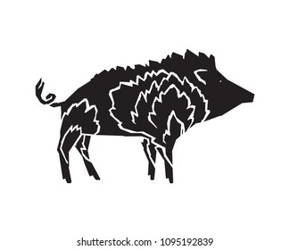 Stylized boar illustration with fire pattern. Angular grange style.
