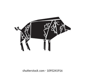 Stylized boar illustration with triangle pattern. Angular grange style.