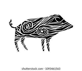 Stylized boar illustration with wave pattern. Angular grange style.