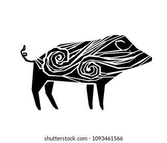 Stylized boar illustration with wave pattern. Angular grange style.