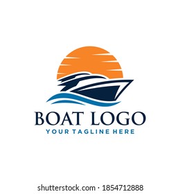 Stylized boat silhouette at sunset vector design for travel and tourism graphics