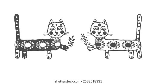 Stylized boho folk hand-drawn cats with flowers. Vector illustration