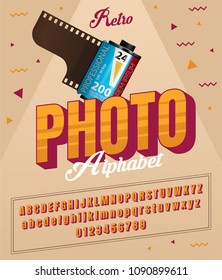 Stylized bold italic abstract retro alphabet and font of 80s, 90s in soft color with realistic camera film 35mm.