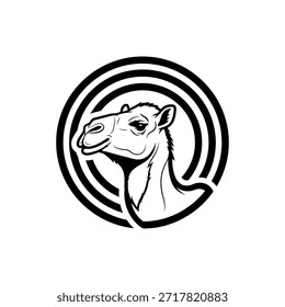 Una ilustración estilizada y atrevida con un camello dentro de un marco circular, perfecta para logotipos o iconos.