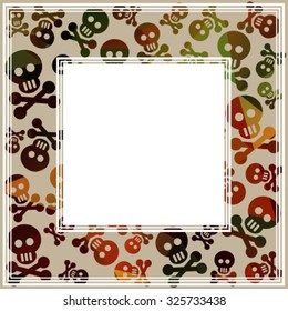 Stylized bones and skull on a gray background. Halloween border.