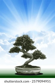 Stylized bonsai tree growing in a pot against a backdrop of a bright blue sky with sun rays and clouds