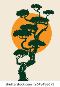 Stylized Bonsai Tree with Orange Sun – Artistic Nature Design