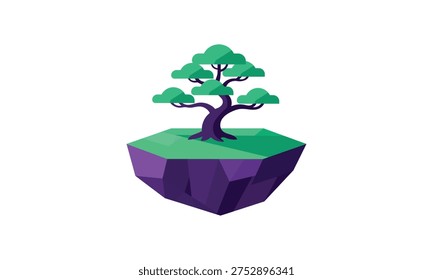 A stylized bonsai tree sitting on a geometric floating island with purple and green colors. Perfect for zen, nature, environment, and modern minimalist design concepts. High-quality vector illustration in flat style