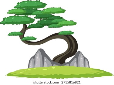 Stilisierter Bonsai-Baum mit verdrehtem Stamm, grünem Laub, grauen Felsen und grasbewachsener Basis, Vektorkunst