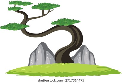 Stilisierter Bonsai-Baum mit verdrehtem Stamm, grünem Laub, Felsen und Gras in Vektorgrafik