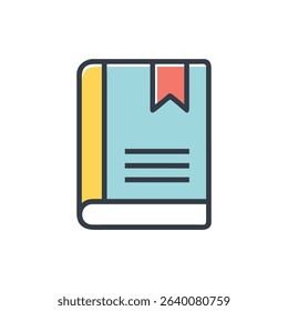 Stylized book icon illustration with bookmark and title lines