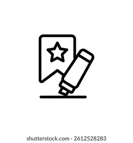 Stylized bookmark icon with a star being marked by a pen, presented in black and white Ideal for designs related to favorites and marking.