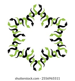 Stylized border with green and black snakes. Vector illustration.