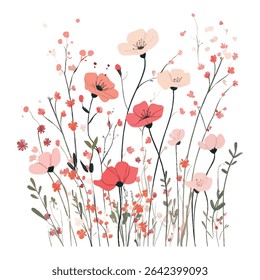 Stylized botanical artwork of delicate pink and red wildflowers and poppies, perfect for modern wall art or spring-themed designs.