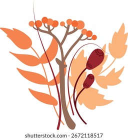 Stylized botanical elements with round berries and leaves in a flat style. Simplified plant forms with spherical fruits and foliage create a modern look. Cartoon vector illustration.