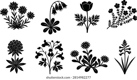Stylized botanical flower silhouette illustrations with diverse petal shapes and stem variations for design and decoration