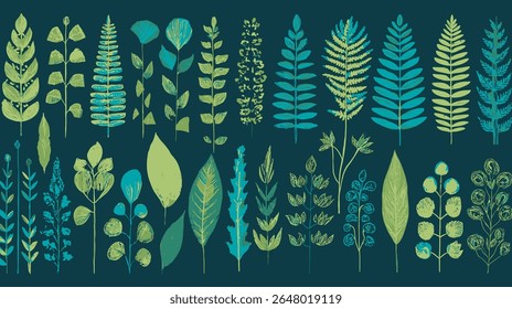 Stylized botanical plants spread dark flat background natural designs