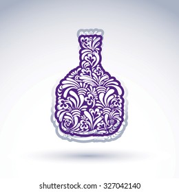 Stylized bottle decorated with ethnic flower pattern. Alcohol idea vector illustration, elegant graphic art flowery pitcher.

