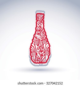 Stylized bottle decorated with ethnic flower pattern. Alcohol idea vector illustration, elegant graphic art flowery pitcher.

