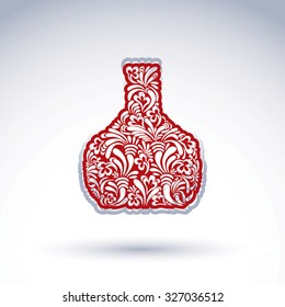 Stylized bottle decorated with ethnic vector flower pattern. Alcohol idea illustration, elegant graphic art flowery pitcher.