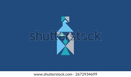 A stylized bottle illustration composed of various geometric shapes in shades of blue and grey, creating an abstract mosaic effect.