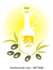 The stylized bottle with an olive oil and olives on a yellow background.