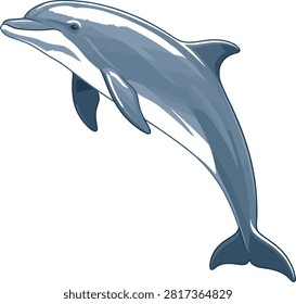 A stylized of a bottlenose dolphin leaping through the air, depicted in shades of blue and white on a white background