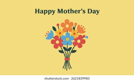 A stylized bouquet of colorful flowers, tied with a ribbon, perfect for Mothers Day.
