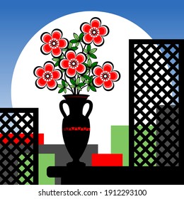 Estilizado ramo de flores en un jarrón sobre un fondo abstracto. Ilustración vectorial. 