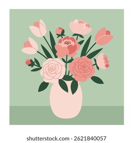 A stylized bouquet of pink tulips and roses with dark green leaves is arranged in a light pink vase. The flowers are in full bloom.