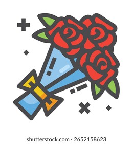 Stylized Bouquet of Red Roses with Blue Wrapping and Yellow Ribb