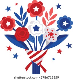 A stylized bouquet of red, white, and blue flowers with stars on a white background, tied with a ribbon.