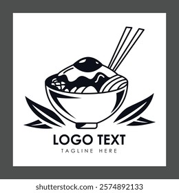 A stylized bowl of noodles topped with various ingredients, accompanied by chopsticks